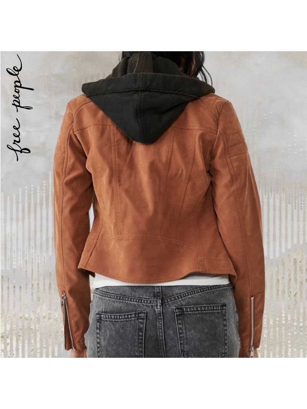 FREE PEOPLE NWT Harriett Moto-Style Brown Vegan Suede, Black Hood Jacket/Md - Picture 2 of 16